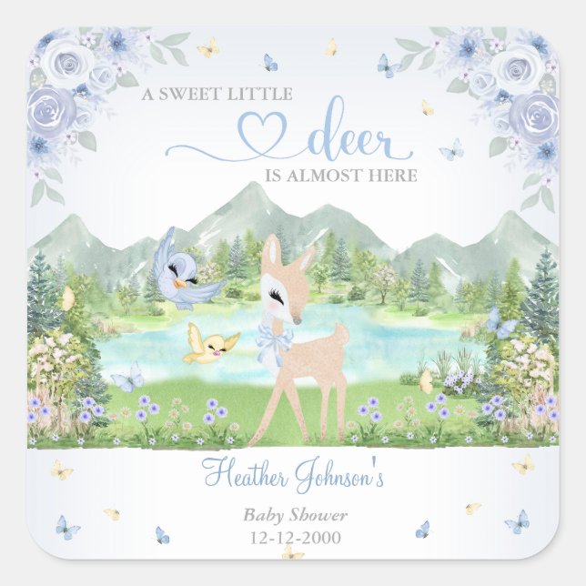Pegatina Cuadrada Spring Bloom and Butterflies Deer Baby Shower  (Anverso)