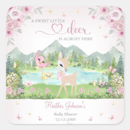 Pegatina Cuadrada Spring Bloom and Butterflies Deer Baby Shower
