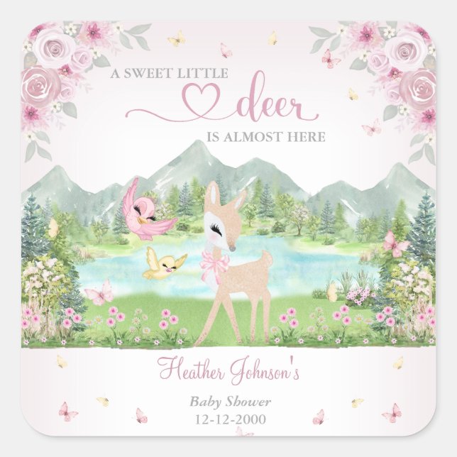Pegatina Cuadrada Spring Bloom and Butterflies Deer Baby Shower  (Anverso)