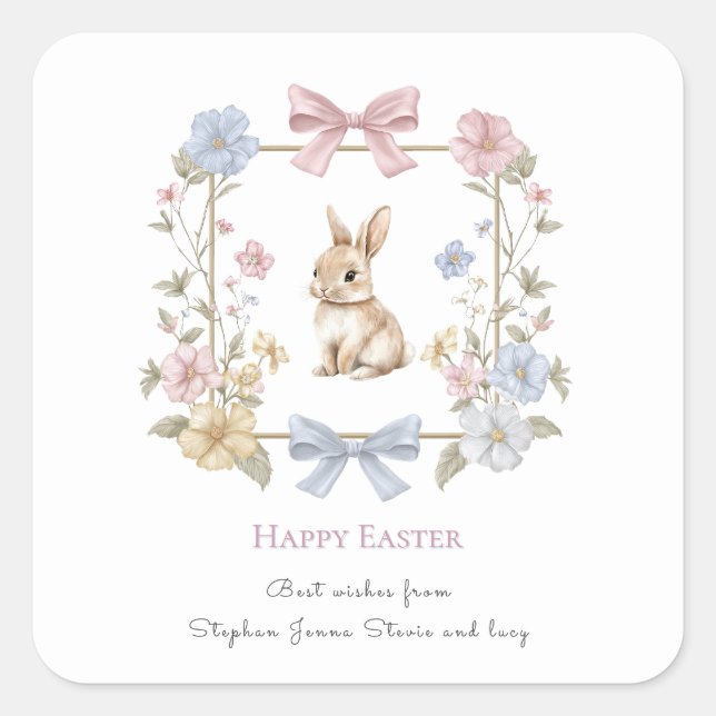 Pegatina Cuadrada Spring Bunny Floral Wreath Easter Sticker (Anverso)