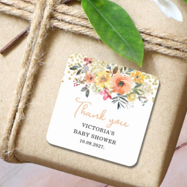 Pegatina Cuadrada Spring Floral Baby Shower  (Subido por el creador)