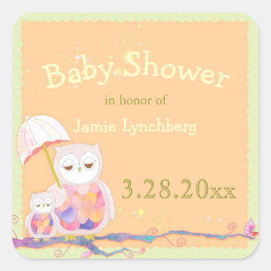 Pegatina Cuadrada Spring Woodland Owls Baby Shower