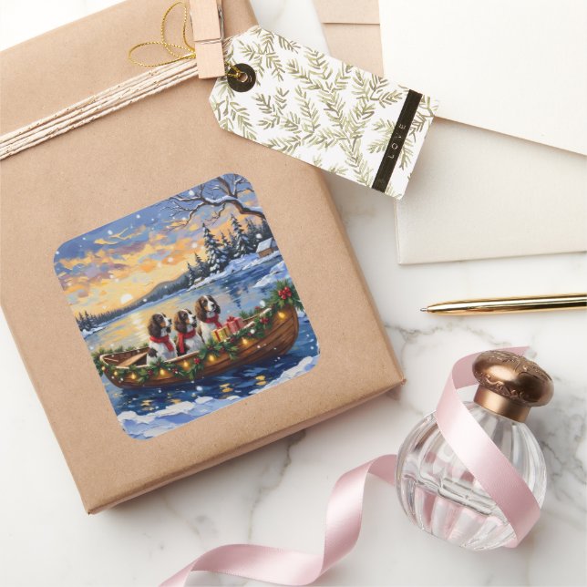 Pegatina Cuadrada Springer Spaniel Christmas Boat Holiday (Regalar)