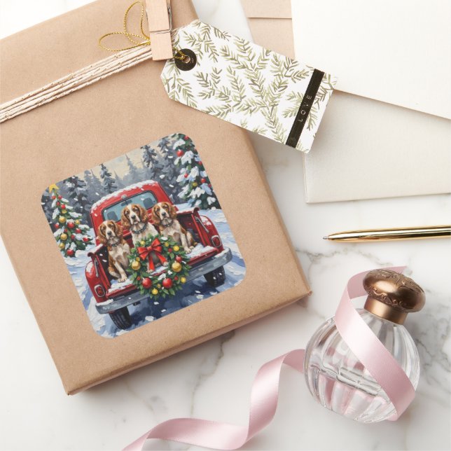 Pegatina Cuadrada Springer Spaniel Christmas Red Truck Holiday (Regalar)