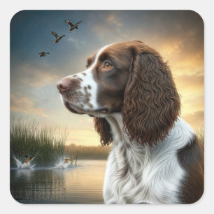 Pegatina Cuadrada Springer Spaniel Dog by a Duck Pond