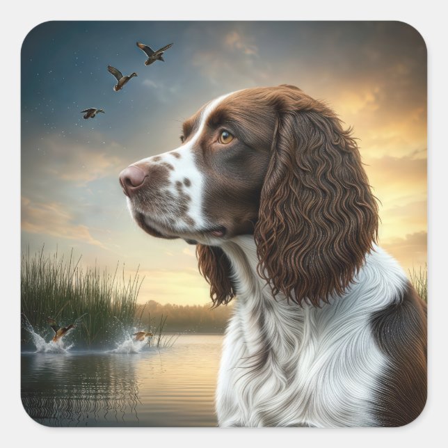 Pegatina Cuadrada Springer Spaniel Dog by a Duck Pond (Anverso)