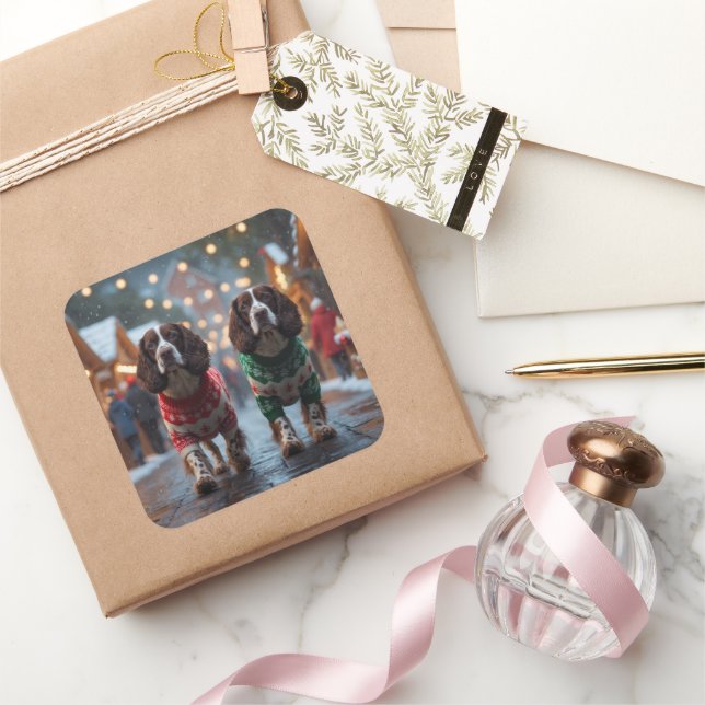 Pegatina Cuadrada Springer Spaniel Dogs Christmas Snow Holiday (Regalar)