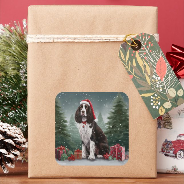 Pegatina Cuadrada Springer Spaniel Perro en Navidad Nieve (Vacaciones)