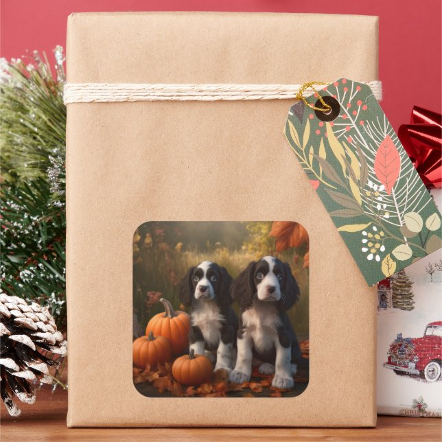 Pegatina Cuadrada Springer Spaniel Puppy Autumn Delight Pumpkin (Vacaciones)
