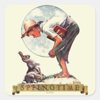 Pegatina Cuadrada Springtime, 1935 chico con conejito