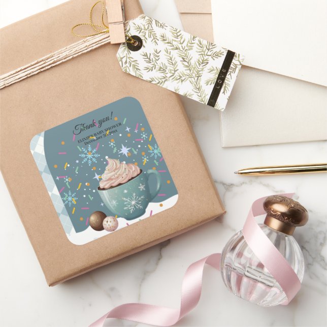 Pegatina Cuadrada Sprinkles Hot Cocoa Winter Snowflakes Baby Shower (Regalar)