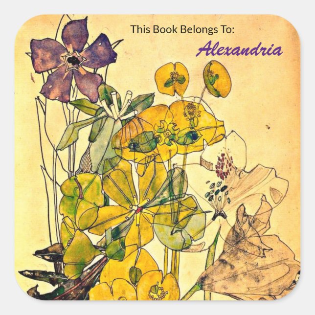 Pegatina Cuadrada Spurge con Yham por Charles Mackintosh (Anverso)