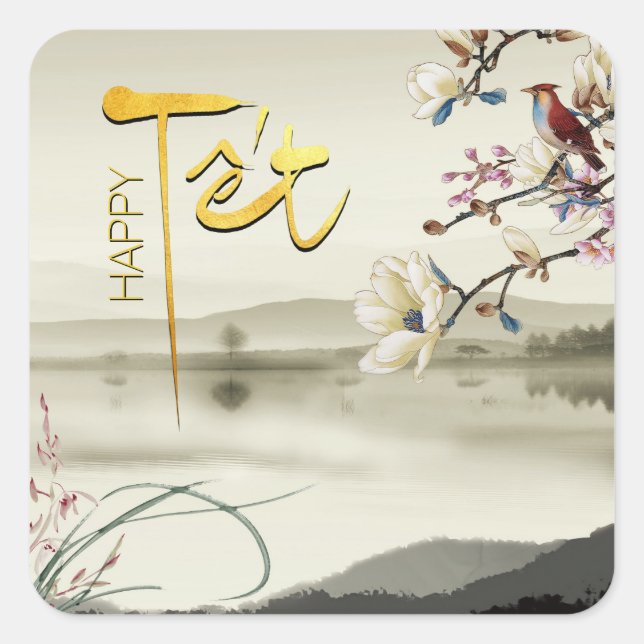 Pegatina Cuadrada Sq. De Año Nuevo Vietnamita De Tet Hoa Anh Dao (Anverso)