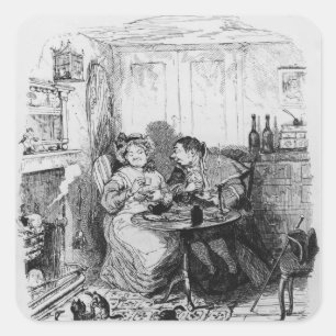 Pegatina Cuadrada Sr. Bumble y señora Corney que toma té