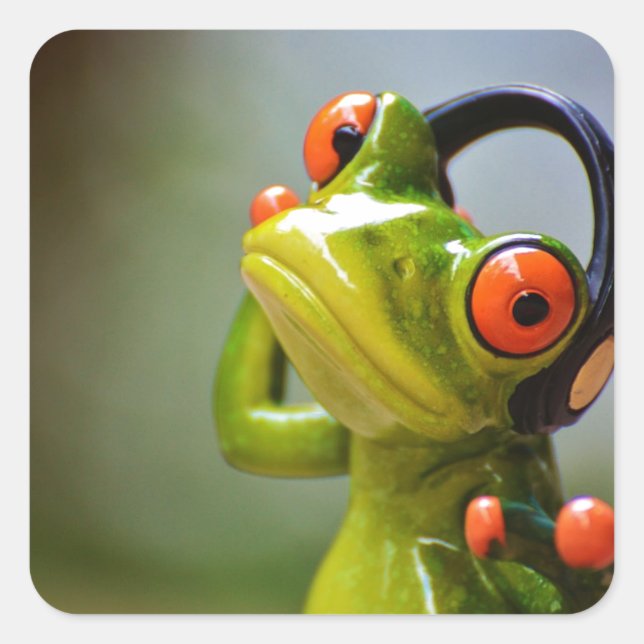 Pegatina Cuadrada Sr. Frog con audífonos (Anverso)