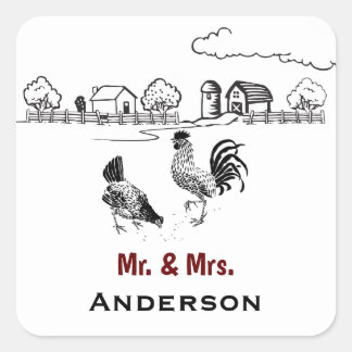 Pegatina Cuadrada Sr. y Boda de la granja Chicken personalizado