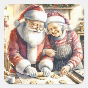 Pegatina Cuadrada Sr. y Sra. Claus Baking Cookies Navidades Personal