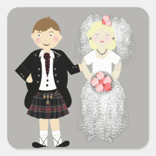 Pegatina Cuadrada Sr. y Sra. Cute Bride y Kilted Groom