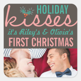 Pegatina Cuadrada Sr. y Sra. First Christmas Mistletoes Photo Boda