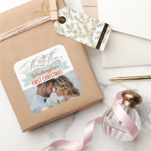 Pegatina Cuadrada Sr. y Sra. First Christmas Mistletoes Photo Boda