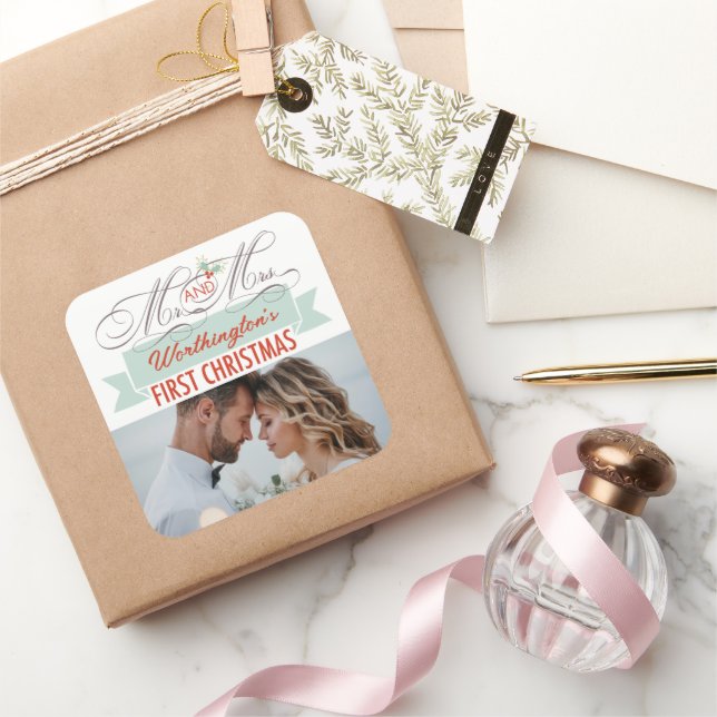 Pegatina Cuadrada Sr. y Sra. First Christmas Mistletoes Photo Boda (Regalar)