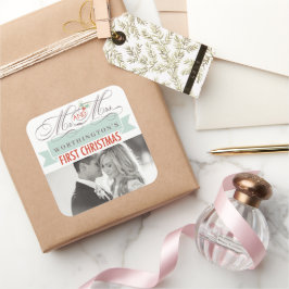 Pegatina Cuadrada Sr. y Sra. First Christmas Mistletoes Photo Boda