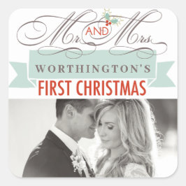 Pegatina Cuadrada Sr. y Sra. First Christmas Mistletoes Photo Boda