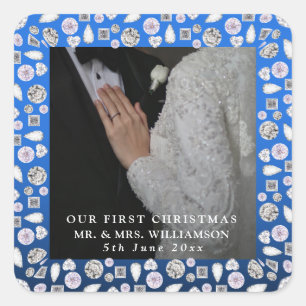 Pegatina Cuadrada Sr. y Sra. First Christmas Photo Boda