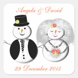 Pegatina Cuadrada Sr. y Sra. Snowman Cute Nieve Bride y Groom