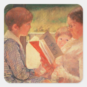 Pegatina Cuadrada Sra. Cassatt Leyendo a sus nietos, 1888