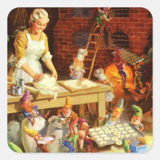 Pegatina Cuadrada Sra. Claus y sus amigos Elves Bake Navidades Cooki