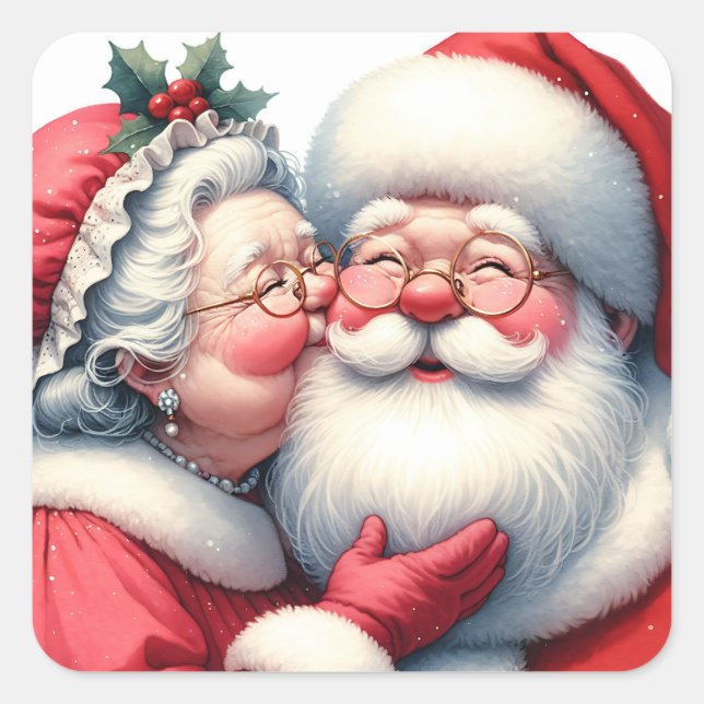 Pegatina Cuadrada Sra. Clause Kissing Santa Cute Navidades (Anverso)