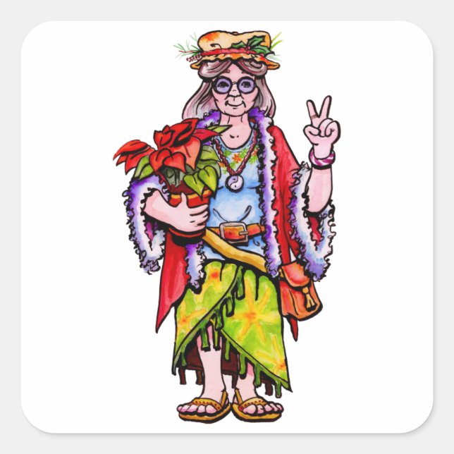 Pegatina Cuadrada Sra. Hippie Santa (Anverso)