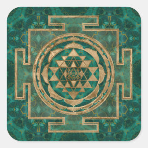 Pegatina Cuadrada Sri Yantra/malaquita y oro de Sri Chakra