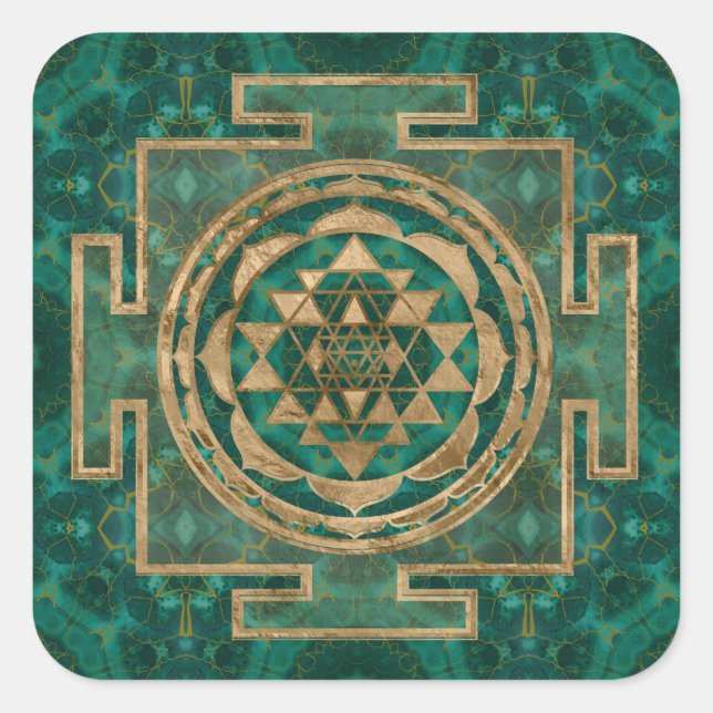 Pegatina Cuadrada Sri Yantra/Sri Chakra Malaquita y oro (Anverso)