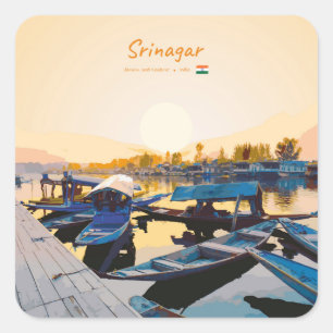 Pegatina Cuadrada Srinagar, India - Barcas Shikara en el lago Dal