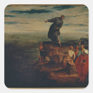 Pegatina Cuadrada St Anthony que predica a los pescados, c.1580