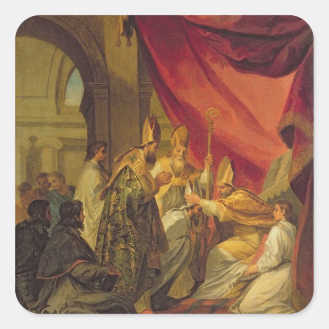 Pegatina Cuadrada St Augustine ordenó como el obispo (Anverso)