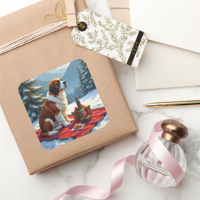 Pegatina Cuadrada St. Bernard Winter Picnic Christmas Painting (Regalar)
