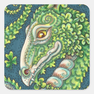 PEGATINA CUADRADA ST. DRAGÓN VERDE DE SHAMROCK DE PATRICK, FANTASÍA