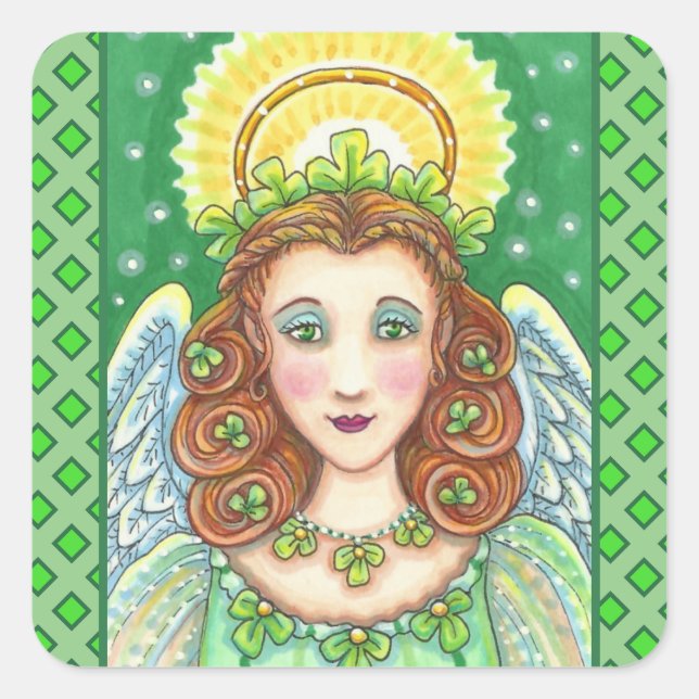 PEGATINA CUADRADA ST. EL DÍA DE PATRICK SHAMROCK ANGEL, BENDICIONES  (Anverso)