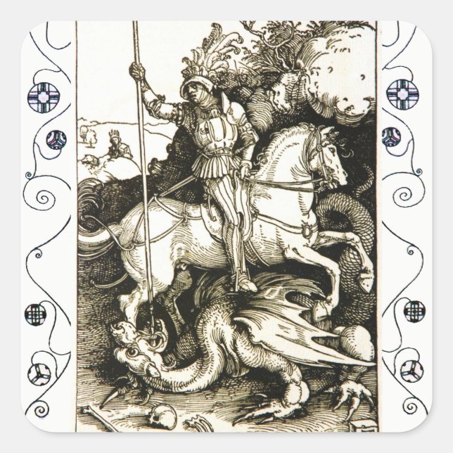 Pegatina Cuadrada ST. GEORGE Y DRAGON, Blanco Negro (Anverso)