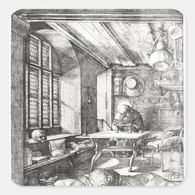 Pegatina Cuadrada St. Jerome en su estudio, 1514 (Anverso)