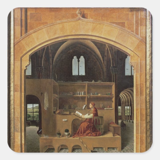 Pegatina Cuadrada St. Jerome en su estudio, c.1475 (Anverso)