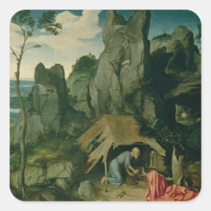 Pegatina Cuadrada St. Jerome in the Desert (aceite en el panel) (véa
