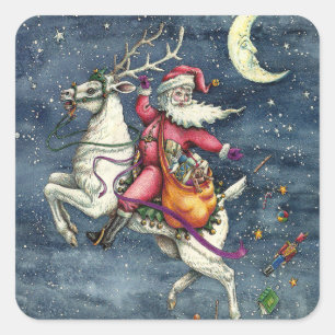 PEGATINA CUADRADA ST. NICK, REINDEDOR BLANCO VOLANTE, NAVIDADES MAGI