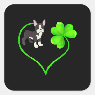 Pegatina Cuadrada St Patrick Day Boston Terrier Dog Mom Dad Shamrock