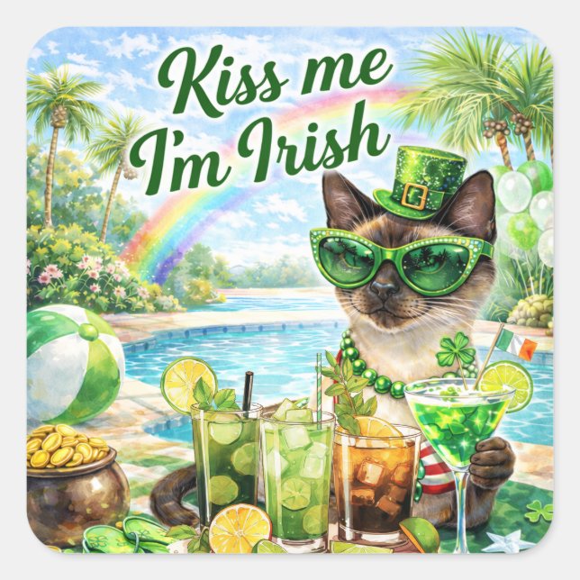 Pegatina Cuadrada St. Patrick’s Day Glam Cat Pool Party  (Anverso)