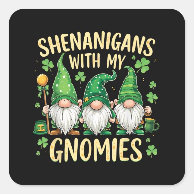 Pegatina Cuadrada St Patrick’s Day Lucky Shamrock Gnome  (Anverso)