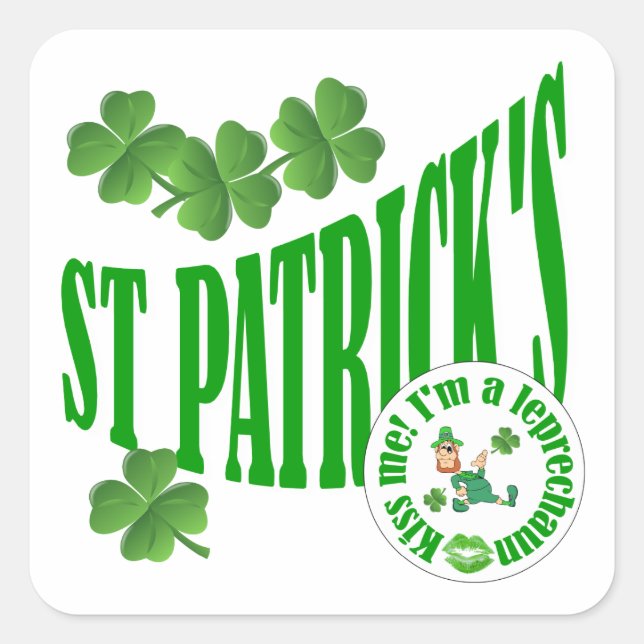 Pegatina Cuadrada St Patrick's, bésame soy un leprechaun (Anverso)